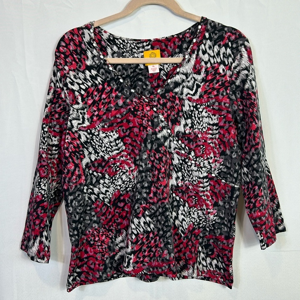 Ruby Rd Beaded Red Black 3/4 Sleeve Top Size XL stretchy excellent condition